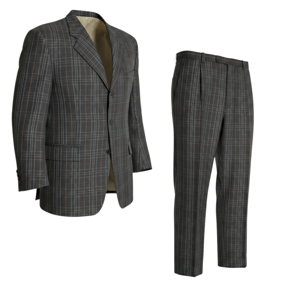 Stacy Adams Mens brown Plaid 3 Button Suit 46R Pleated Cuffed Trousers 2 Piece